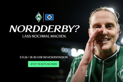 Lina Hausicke im grünen Trikot lächelt und hält sich die Hand vor das Gesicht. Text: „Nordderby? Das machen wir noch mal. 11.9.26 – 18:30 Uhr im Weserstadion. Jetzt Tickets sichern.“