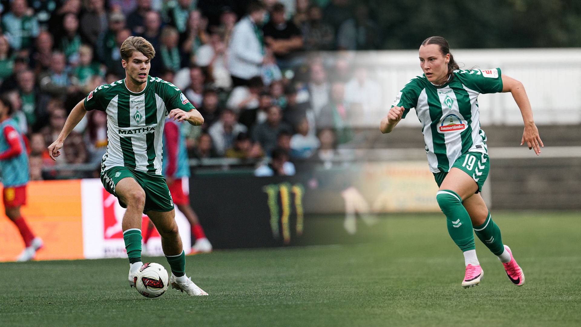 Zwei Fußballspieler in grün-weißen Trikots, von denen einer mit dem Ball dribbelt und der andere auf einem Rasenfeld sprintet, im Hintergrund sind Zuschauer zu sehen.