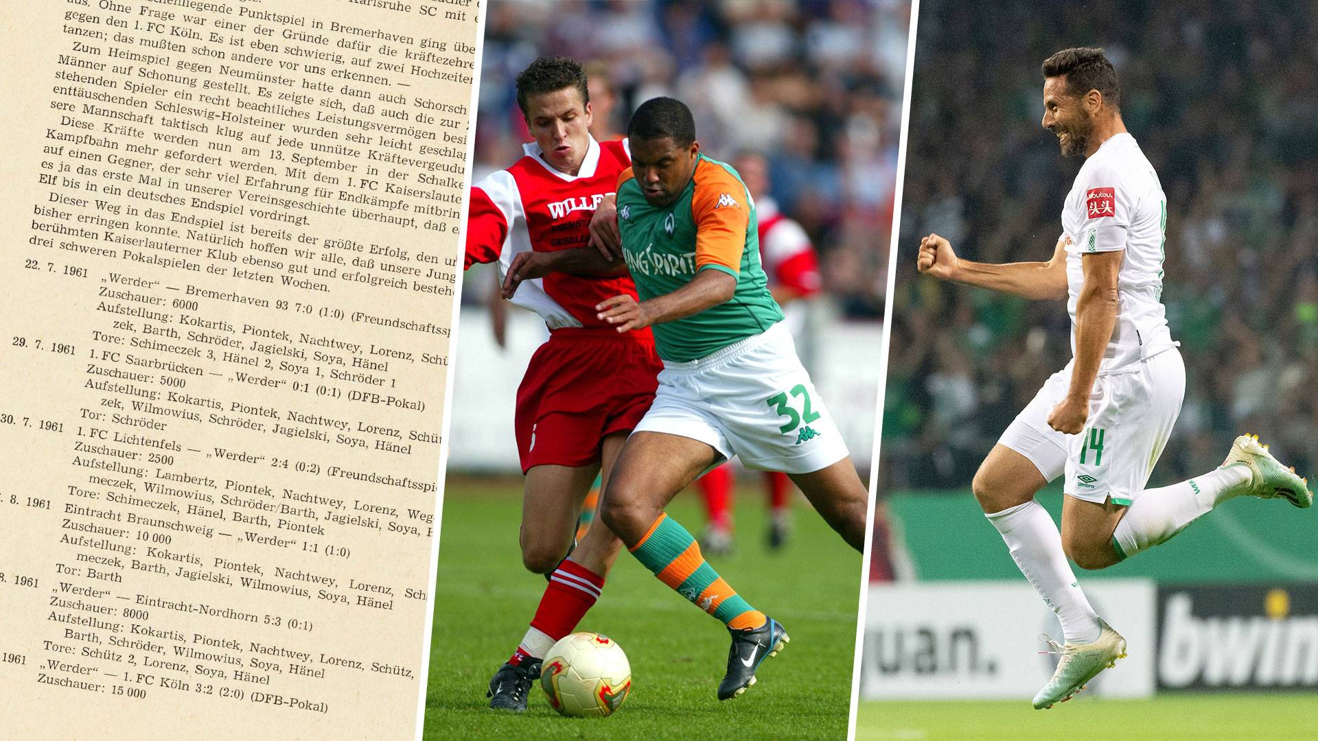 Collage aus einem Zeitungsausschnitt, einem Duell zweier Fußballspieler und einem Fußballspieler, der jubelt