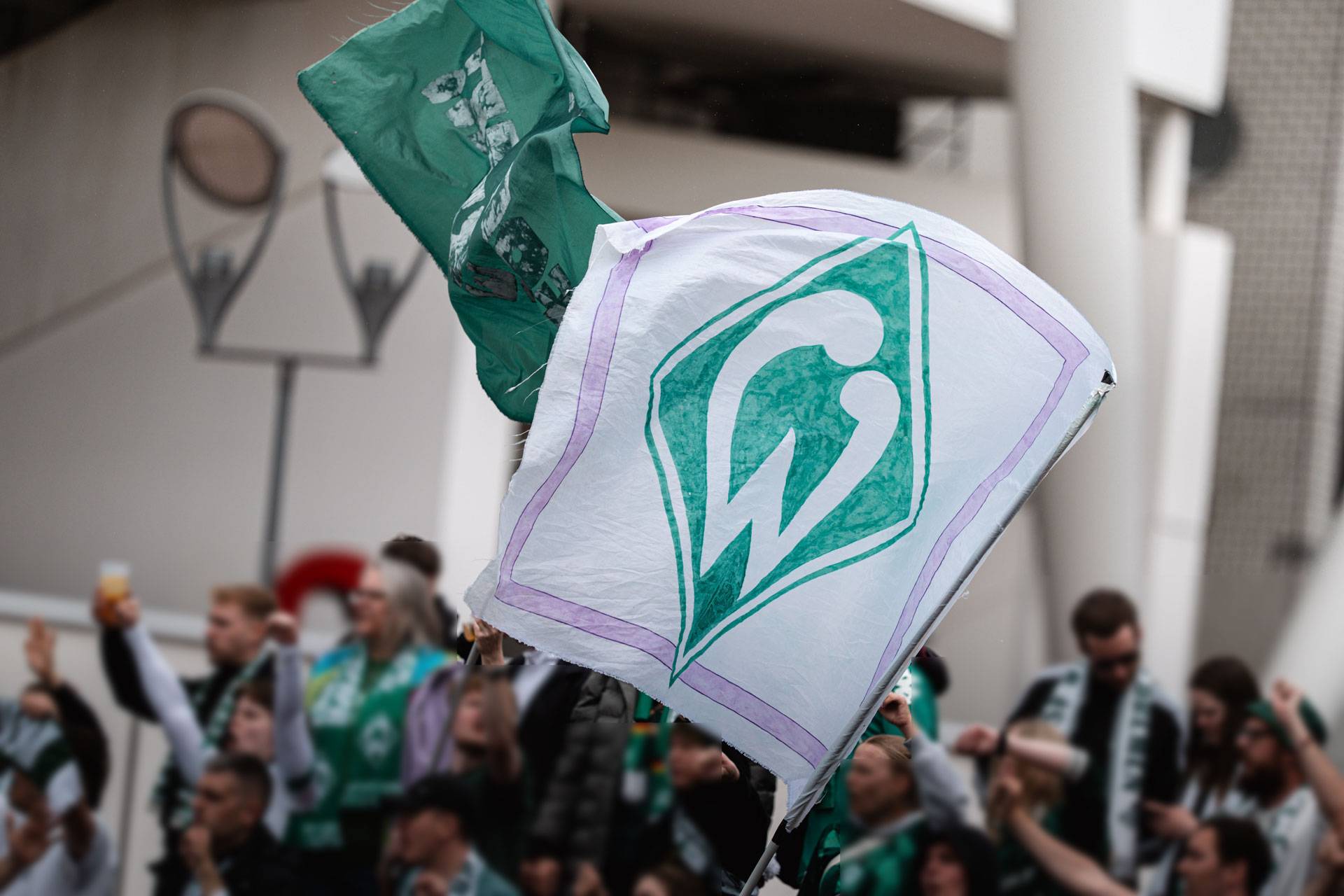 Grün-weiße Sportfans schwenken Fahnen mit einem Logo, umgeben von einer jubelnden Menschenmenge, von der einige Getränke in der Hand halten.