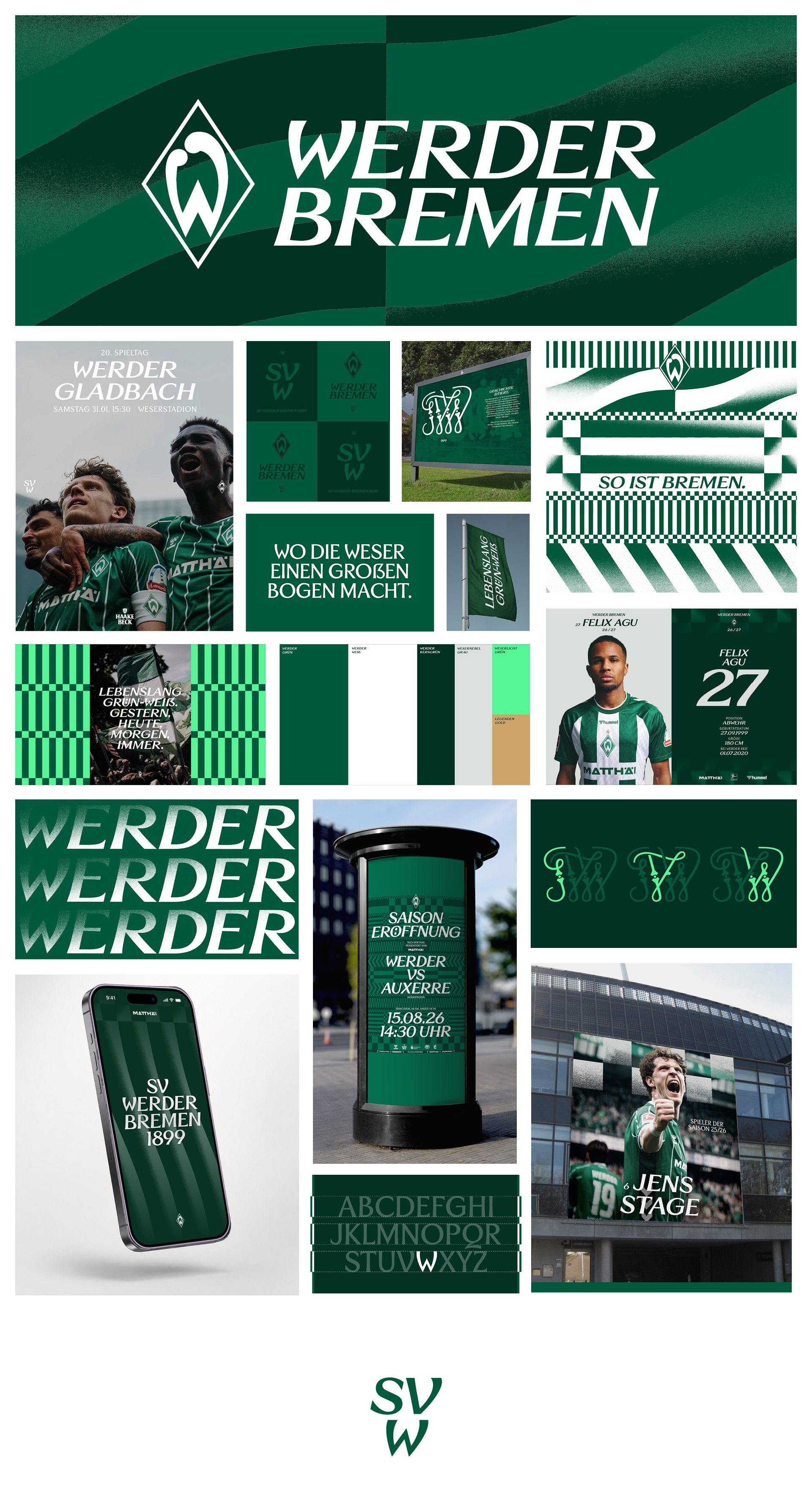 Collage zum Markenauftritt von Werder Bremen: Logos, Spielerbilder, Typografie, grüne Farbpalette sowie Werbeanzeigen für Spiele und Veranstaltungen.