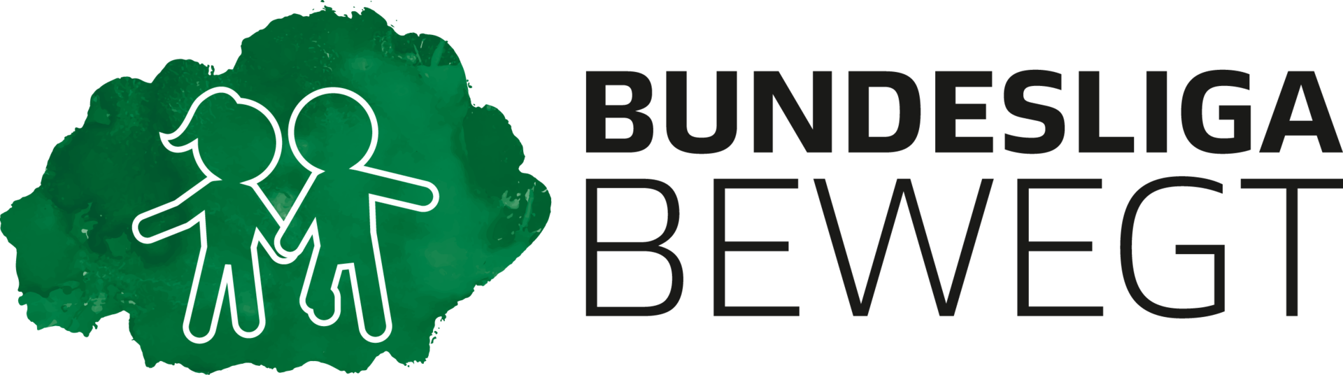 Grünes Logo mit zwei Strichmännchen, die sich an den Händen halten, neben dem Text „BUNDESLIGA BEWEGT” in Schwarz.