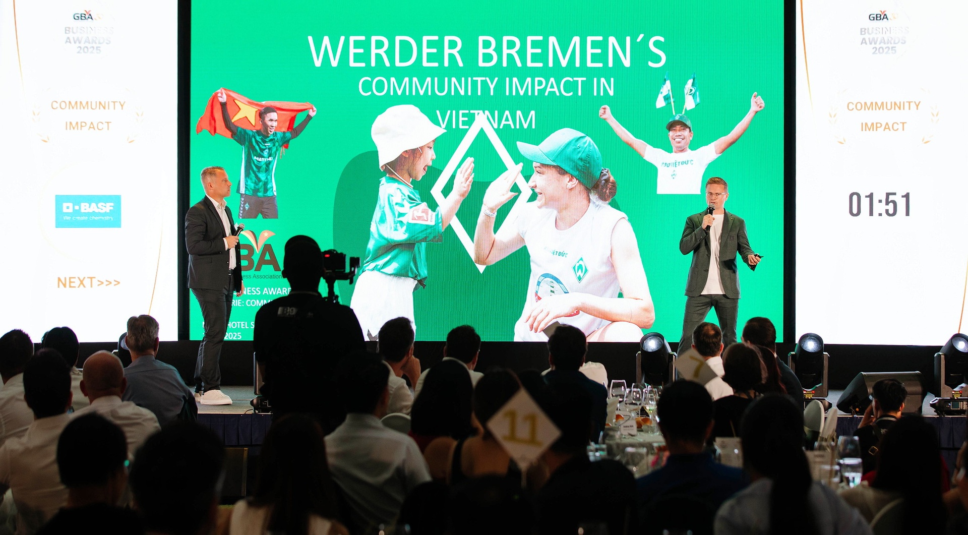 Menschen auf der Bühne präsentieren vor Publikum die Auswirkungen von Werder Bremen auf die Gemeinschaft in Vietnam.