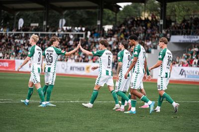 Fußballspieler in grün-weißen Trikots feiern auf dem Spielfeld mit High-Fives, während die Zuschauer von den Tribünen aus zuschauen.