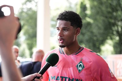 Ein Fußballspieler in einem rosa Trikot von Werder Bremen wird interviewt, während er ein grünes Mikrofon in der Hand hält; im Hintergrund sind verschwommen Bäume und Menschen zu sehen.