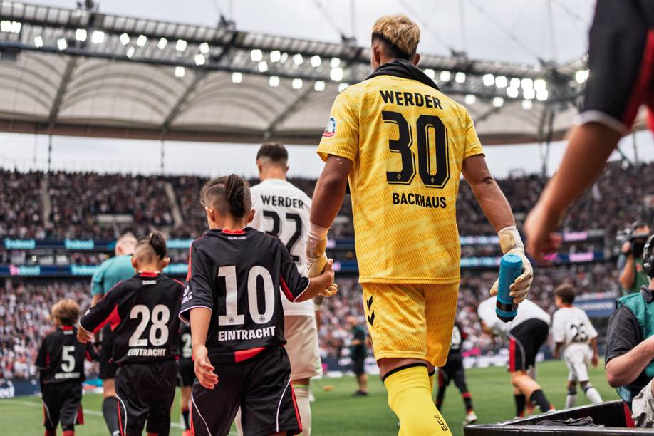 Fußballspieler betreten das Spielfeld in einem Stadion voller Zuschauer. Die Spieler tragen unterschiedliche Trikots, eines davon ist gelb.