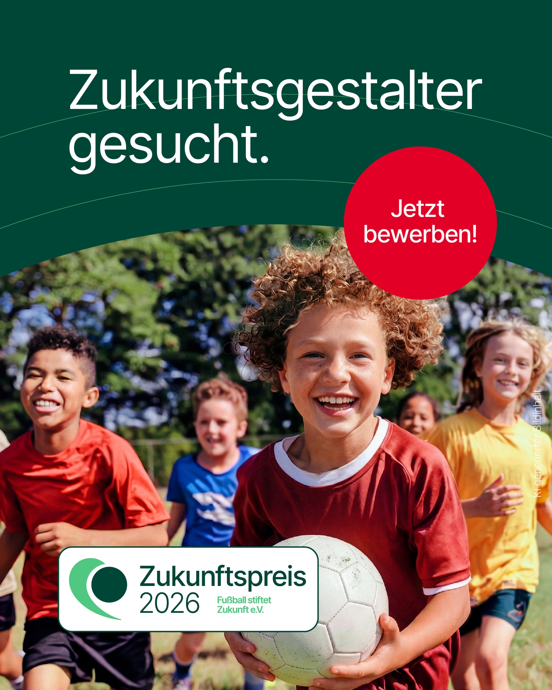 Kinder spielen fröhlich auf einem Feld, darüber ein Text, der auf den Zukunftspreis 2026 hinweist