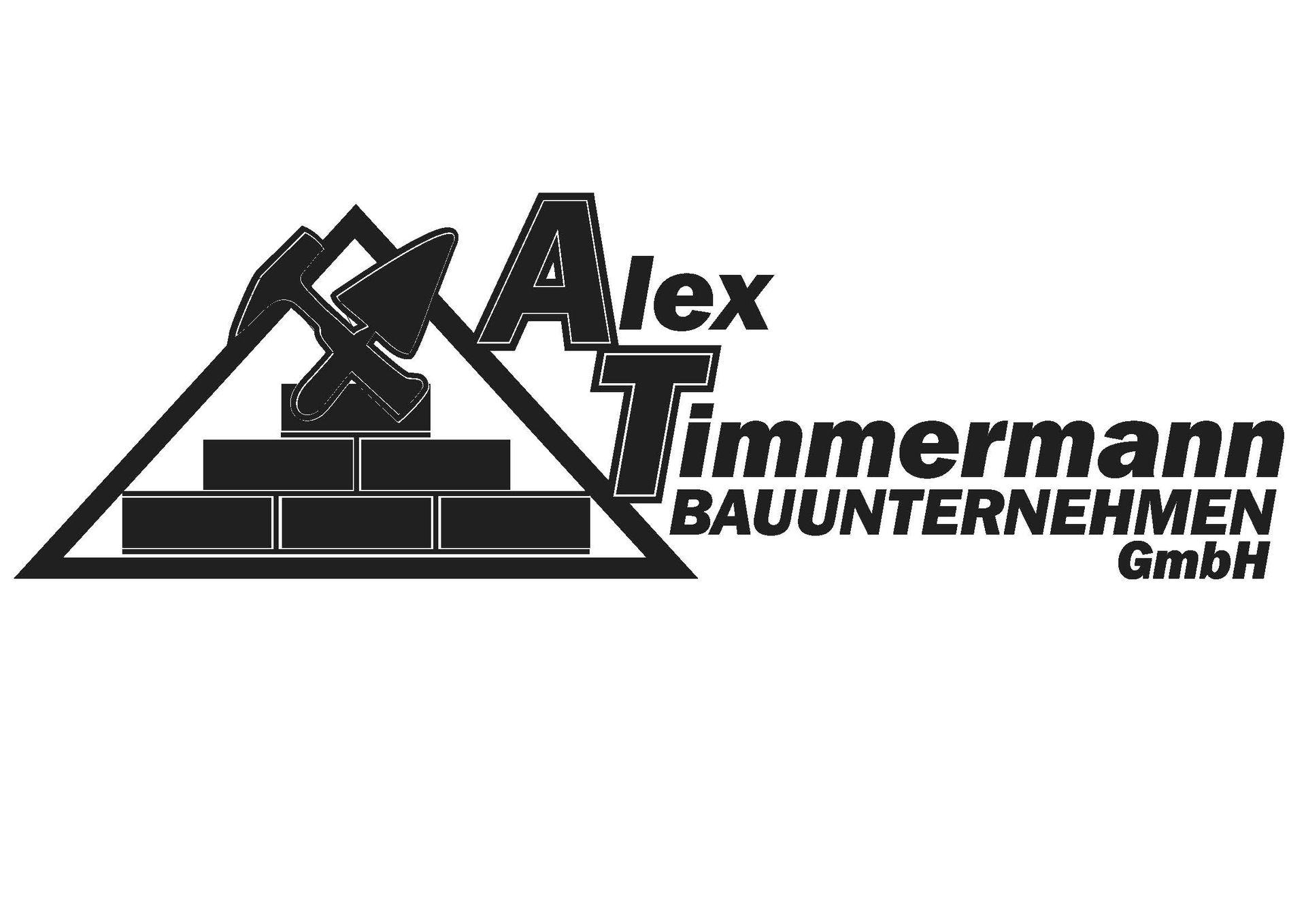 Logo für die Alex Timmermann Bauunternehmen GmbH mit einem Dreieck, in dem ein Hammer und eine Kelle über Ziegelsteinen abgebildet sind.