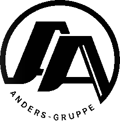 Schwarzes Logo mit stilisierten, sich überlappenden Buchstaben „A“ und „A“ und darunter dem Schriftzug „ANDERS-GRUPPE“.