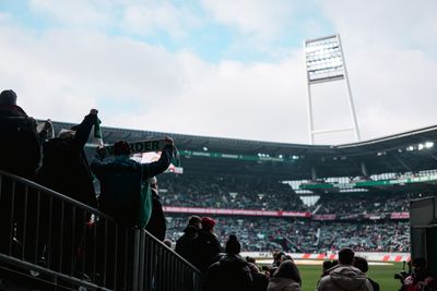 Fans jubeln im Weserstadion, mit Blick auf das Spielfeld und einer großen Menschenmenge unter bewölktem Himmel.