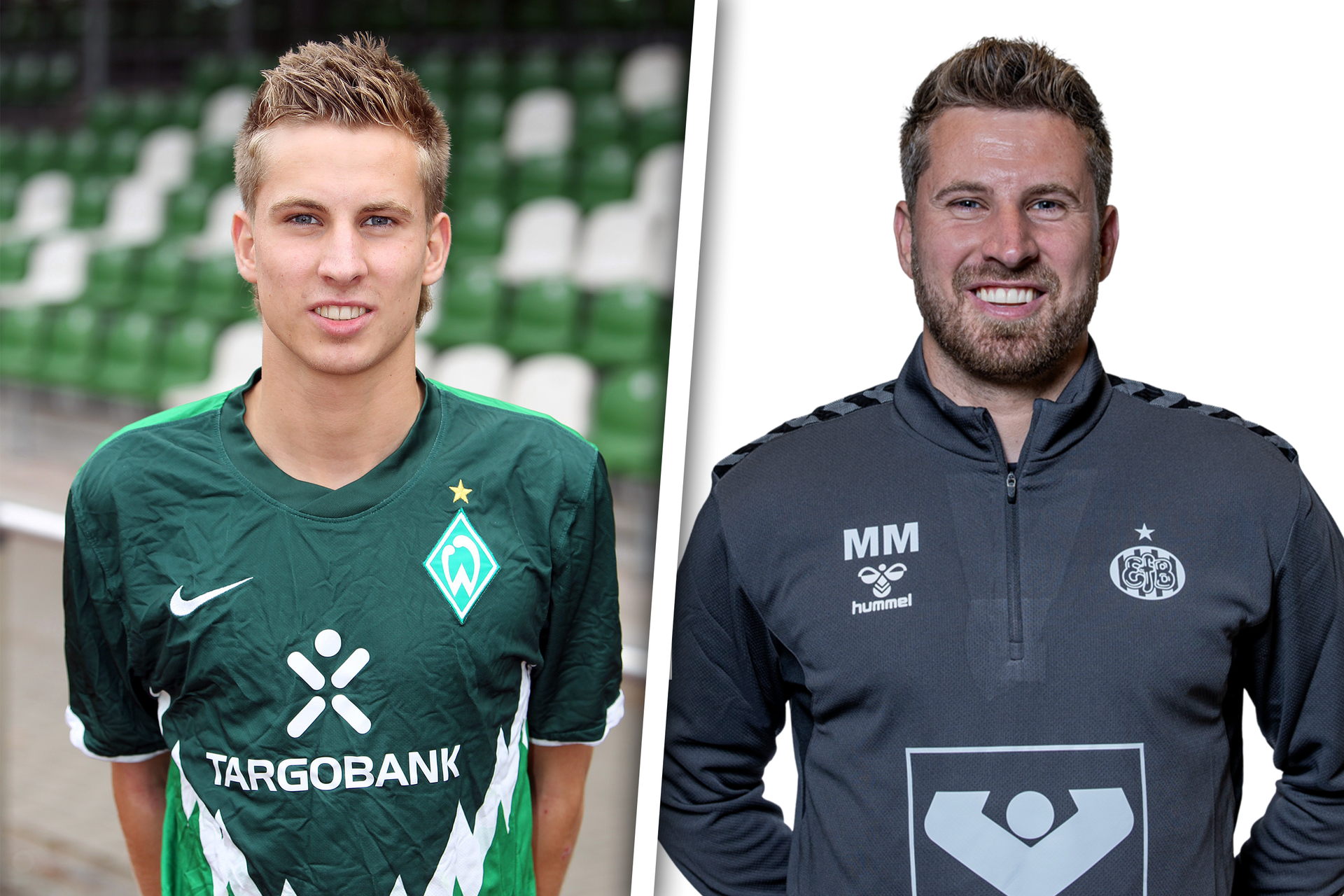 Ein zweigeteiltes Bild von Marcus Mlynikowski als Spieler im Jahr 2011 und als Athletiktrainer im Jahr 2025.