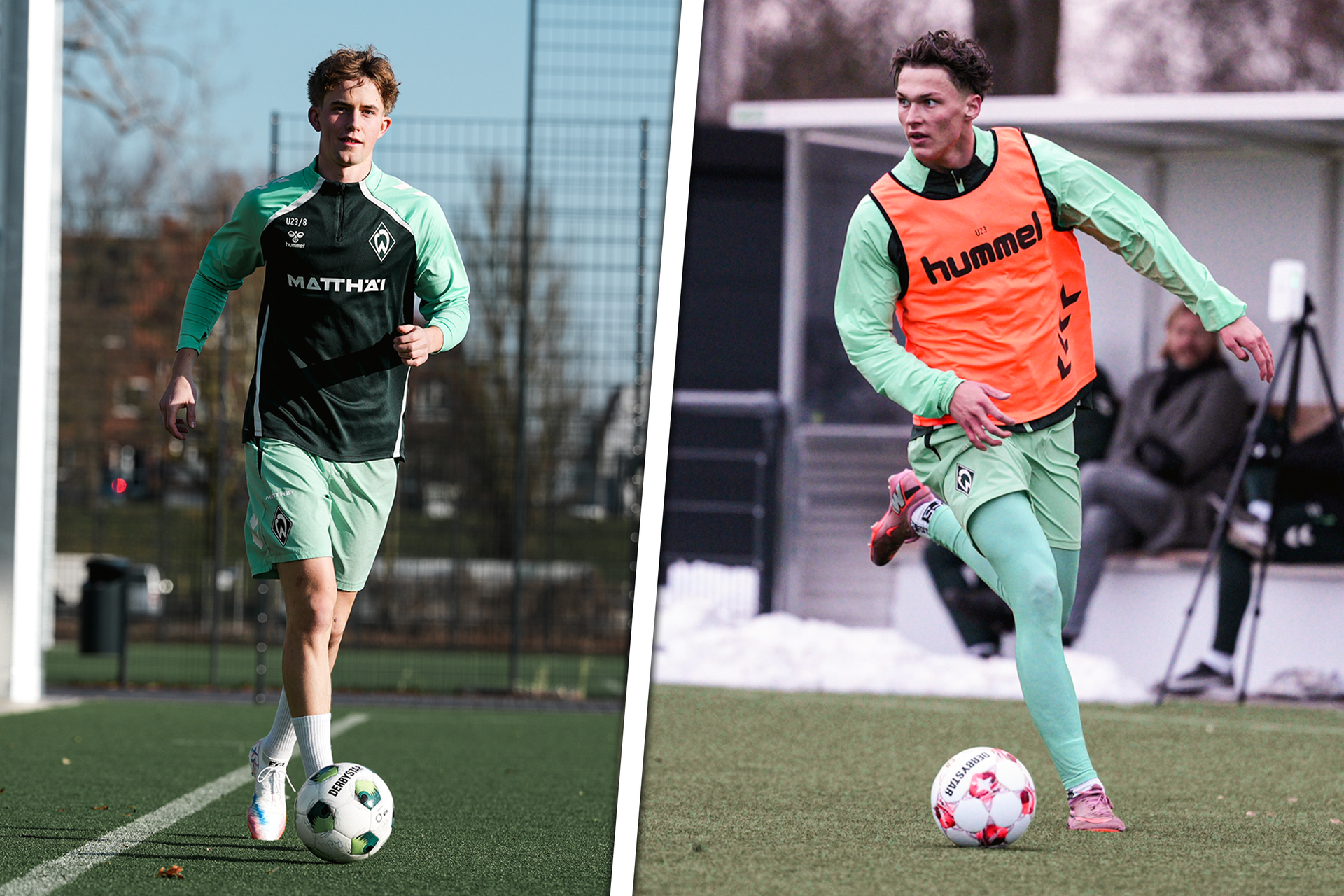 Eine Collage von Julius Joas und Kevin Manthey, die beide einen Ball am Fuß führen.