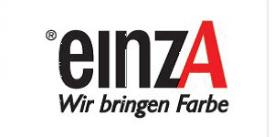 Logo mit dem Text „einzA“ in Schwarz und Rot und darunter „Wir bringen Farbe“ in Schwarz auf weißem Hintergrund.