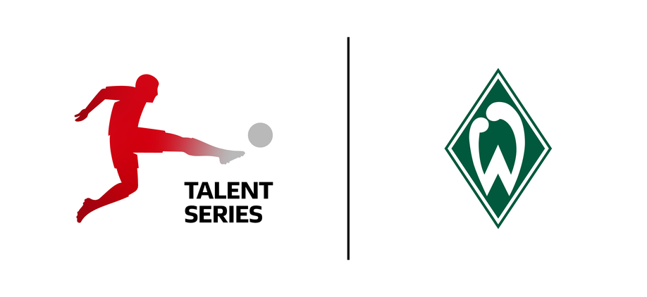 Silhouette eines Fußballspielers, der einen Ball kickt, mit dem Schriftzug „Talent Series“ sowie einem grün-weißen, rautenförmigen Logo daneben.