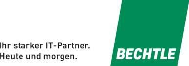 Grünes Bechtle-Logo auf weißem Hintergrund mit dem Text: „Ihr starker IT-Partner. Heute und morgen.“