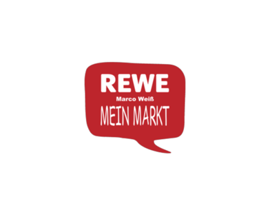 Rote Sprechblase mit weißem Text: „REWE Marco Weiß MEIN MARKT“ auf weißem Hintergrund.