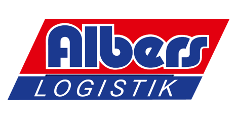 Logo mit „Albers“ in blauen, fetten Buchstaben auf rotem Hintergrund und darunter „LOGISTIK“ in weißer Schrift auf blauem Hintergrund.