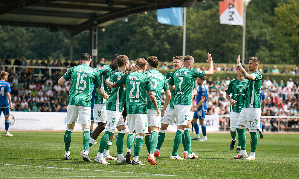 Die Werder-Profis jubeln nach einem Tor gemeinsam im Kreis. 