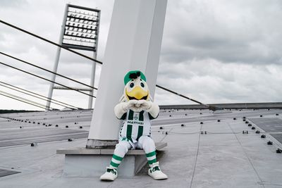 Möwe Toni sitzt auf dem Stadiondach, im Hintergrund eine Flutlichtmast, und trägt das Heimtrikot