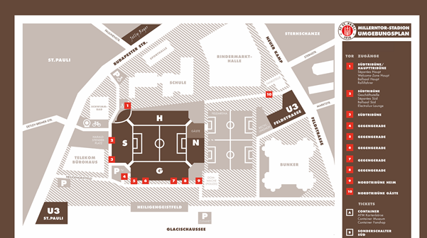 Eine Grafik, die den Lageplan rundum das Millerntor-Stadion auf St. Pauli zeigt.