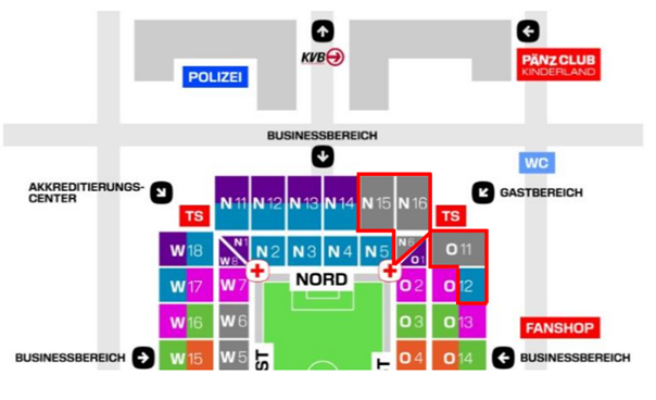 Aufgeführt sind die Gästeblöcke im RheinEnergieSTADION.
