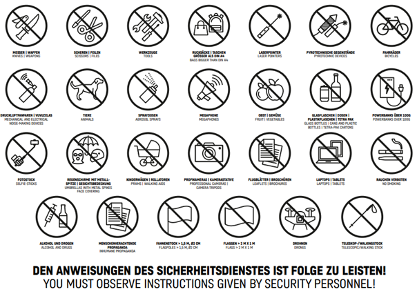 Eine Grafik, auf der alle verbotenen Gegenstände in der Allianz Arena aufgelistet sind.