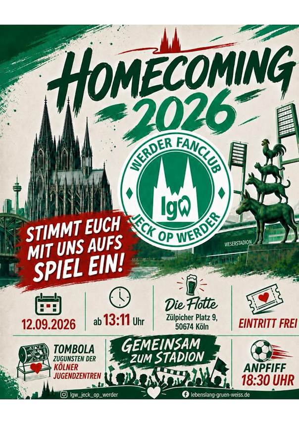 Aufgeführt sind alle Infos zur Homecoming Party des Fanclubs Jeck op Werder.