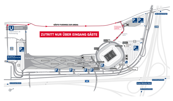 Eine Grafik von der Umgebung der Allianz Arena, auf der die verschiedenen Parkplätze eingezeichnet sind.