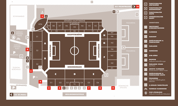 Der Stadionplan mit genauen Blockbezeichnungen des Millerntor-Stadions.
