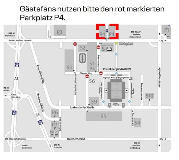 Aufgeführt sind die Parkplätze des RheinEnergieSTADIONS für Heim- und Gästefans.