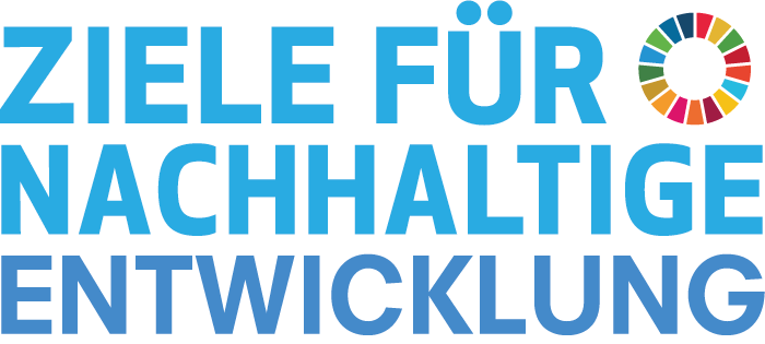 Der blaue Text lautet „Ziele für nachhaltige Entwicklung“ mit einem bunten kreisförmigen Symbol oben rechts.