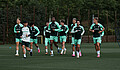 Die Spieler laufen in grüner Trainingskleidung auf dem Rasen. Vorweg läuft in weiß Athletiktrainer Günther Stoxreiter.