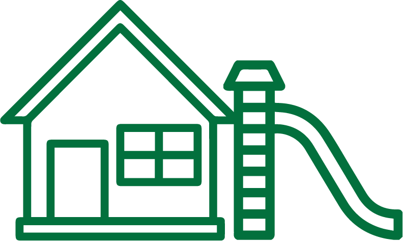 Umriss eines Hauses mit Schornstein und Rutsche, dargestellt durch grüne Linien auf transparentem Hintergrund.