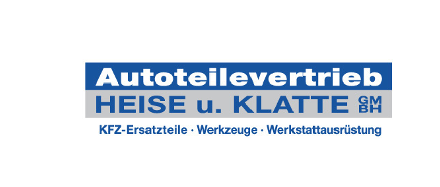 Logo der Autoteilevertrieb Heise u. Klatte GmbH mit Text zu Autoteilen, Werkzeugen und Werkstattausrüstung.
