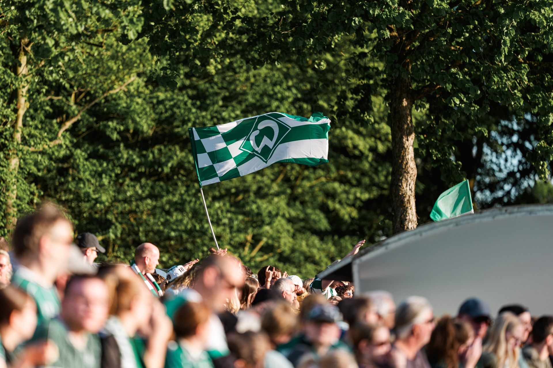 Werder-Fanblock mit einer wehenden Werder-Fahne.