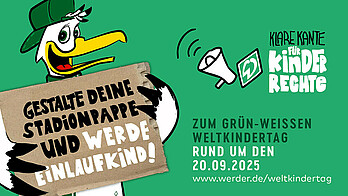 null Aufruf zum Mitmachen beim Grün-Weißen Weltkindertag, auf dem Möwe Toni mit einem Plakat zu sehen ist.