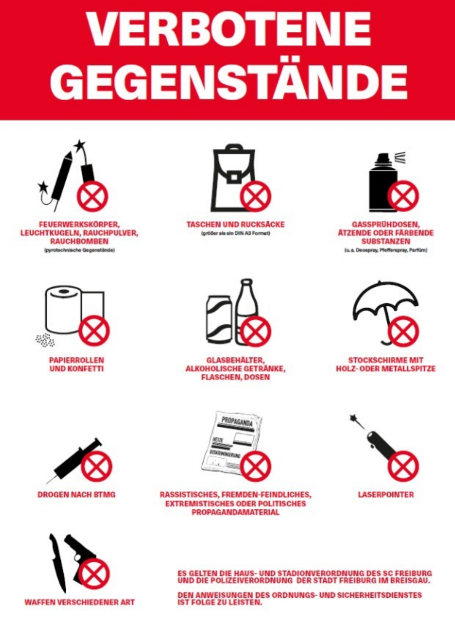 Abgebildet sind die verbotenen Gegenstände im Stadion.