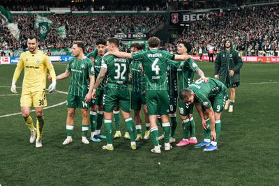 Die Mannschaft jubelt gemeinsam mit allen Spielern an der Mittellinie.