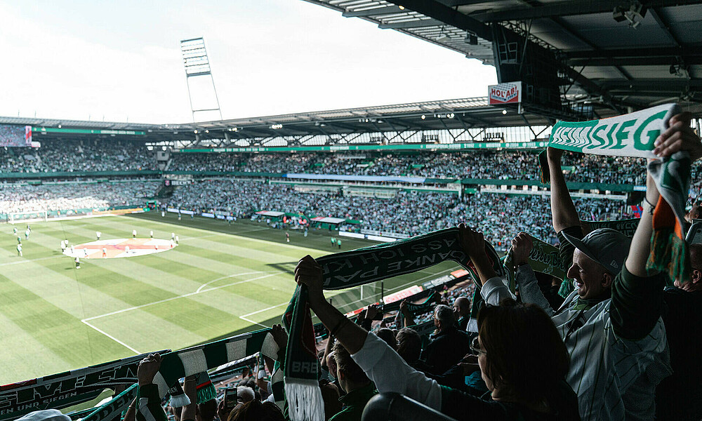 Der Blick von der Tribüne des Weserstadions auf das Spielfeld. Ein Fan zeigt den Werder-Schal. 