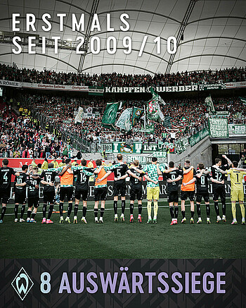 Grafik mit 8 Auswärtssiegen des SV Werder und jubelnden Spieler vor dem Stuttgarter Gästeblock