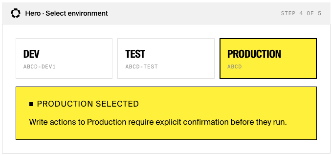 Environment selector with the Production warning state.