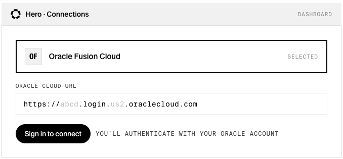 The Oracle connection screen in the Hero dashboard.
