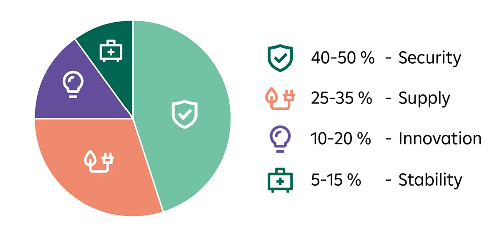 Pie chart explains the investment of the Raiffeisen European Resilience Security Equity fund