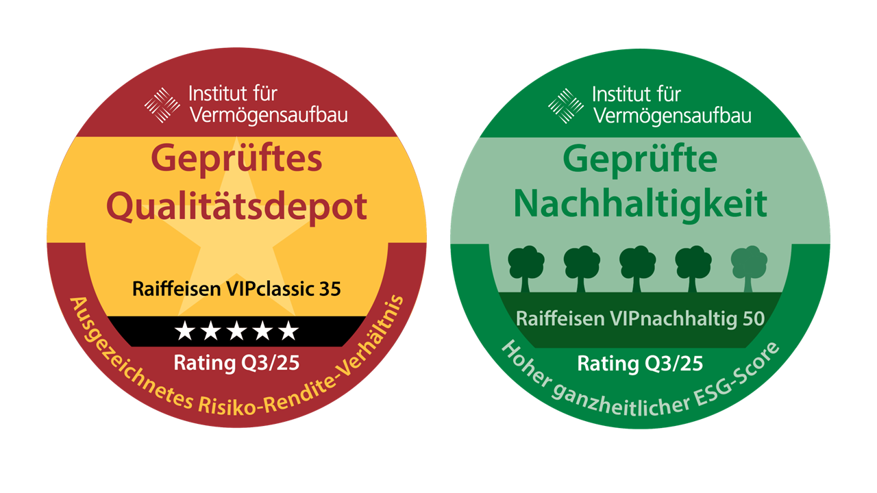 Zwei runde Abzeichen des Instituts für Vermögensaufbau, eines in Rot für Qualität und eines in Grün für Nachhaltigkeit, beide mit Bewertungen und Sternen.