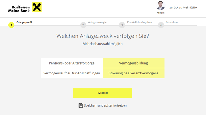 WILL Vermögensverwaltung Anlage des Anlegerprofils Darstellung des ersten Schritts zur Erstellung des Anlegerprofils für die WILL Vermögensverwaltung