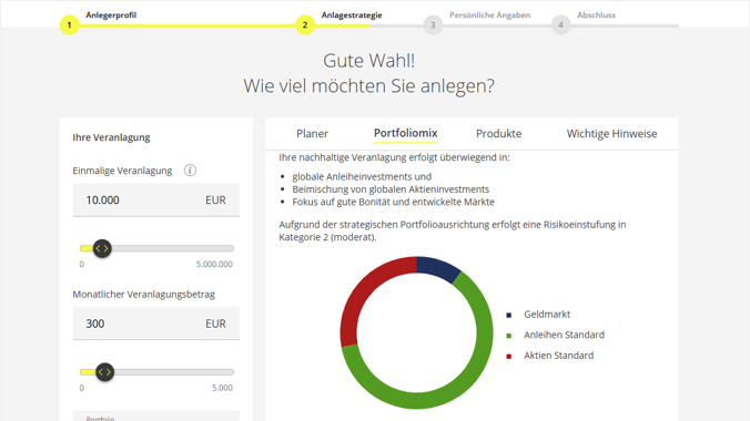 Screenshot von einem Beispiel der WILL Vermögensverwaltung Anlagestrategie mit Eingabefelder für den Einzahlungsbetrag auf der linken Seite sowie die beispielhafte Darstellung des Portfoliomix