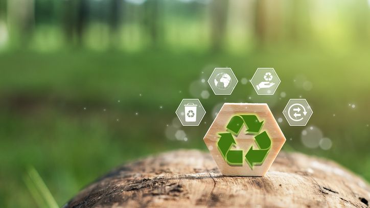 Kreislaufwirtschaft Baumstamm mit Symbolen für die Kreislaufwirtschaft