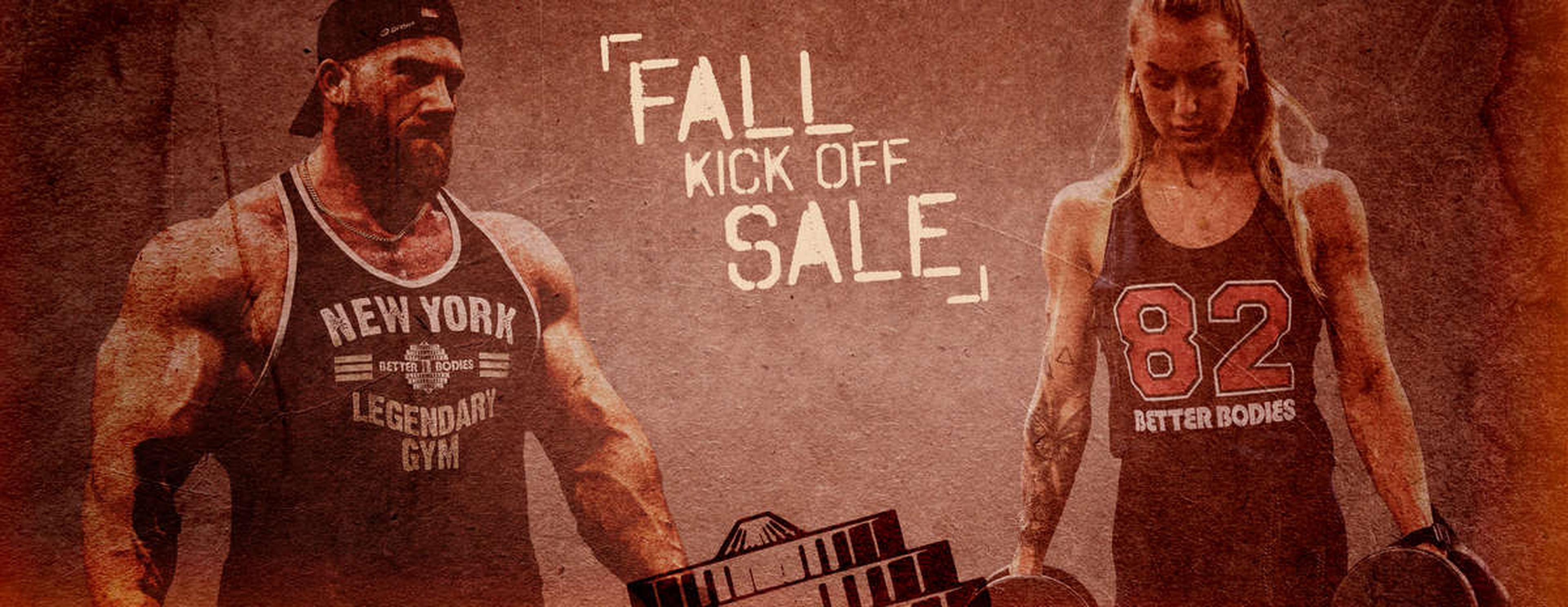 Two muscular individuals in gym attire hold weights. Text reads "Fall Kick Off Sale," with a building silhouette at the bottom.