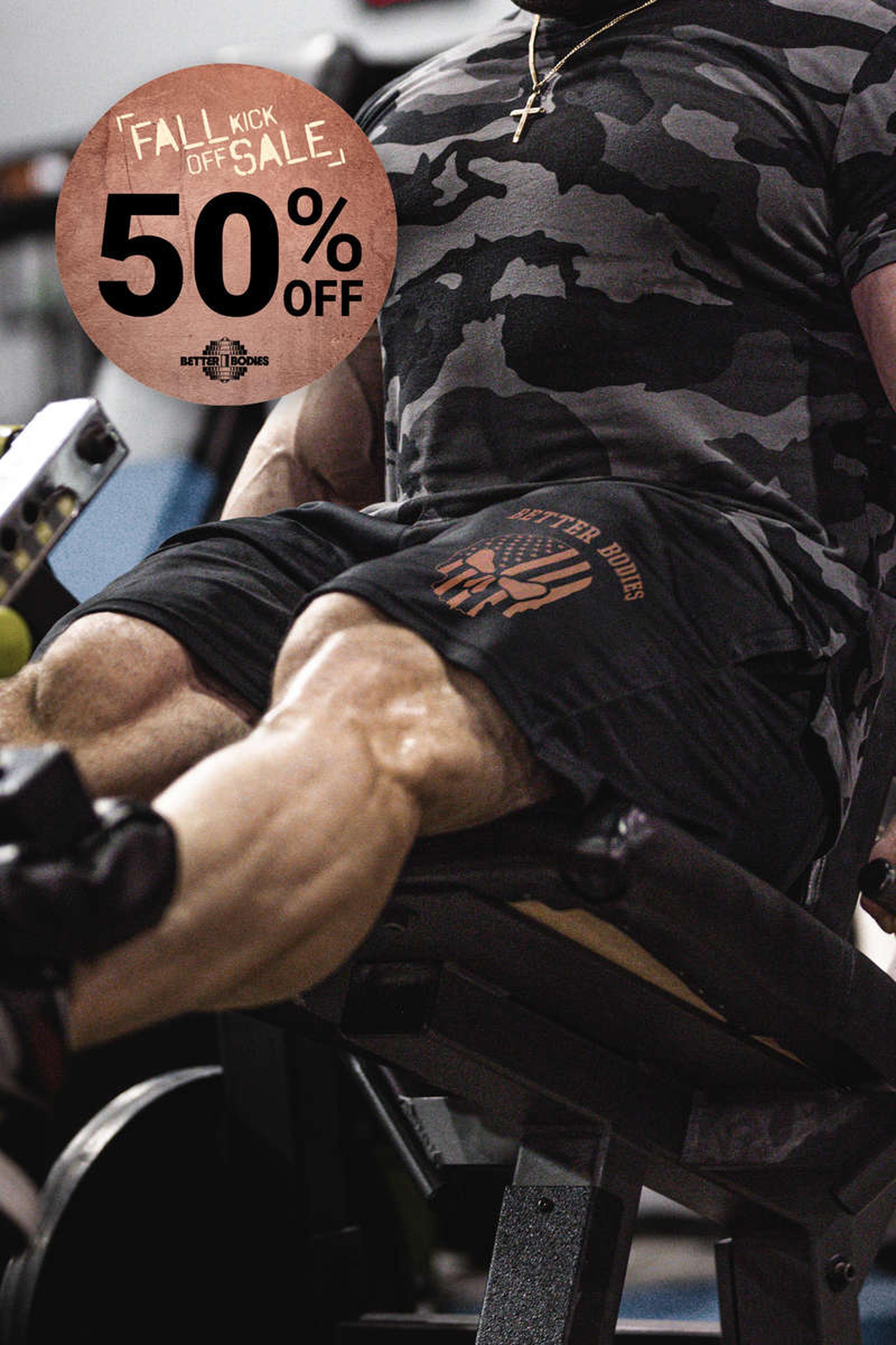Man in camo shirt exercising on leg press machine; "Fall Kick Off Sale 50% Off" text overlay in circle.
