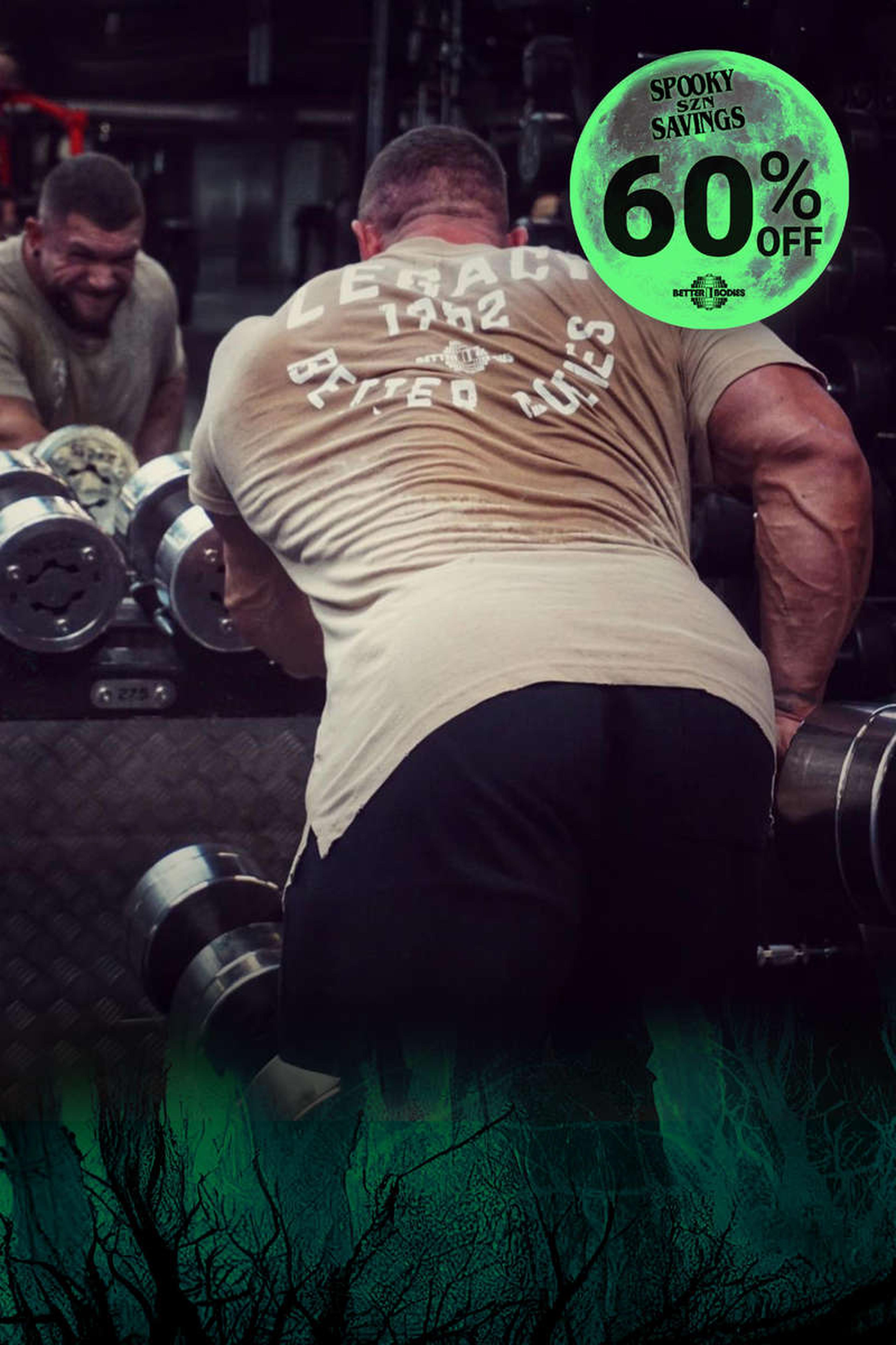Man lifting weights in a gym, wearing a beige shirt. A green "Spooky Savings 60% Off" graphic overlays the image with a tree branch design.